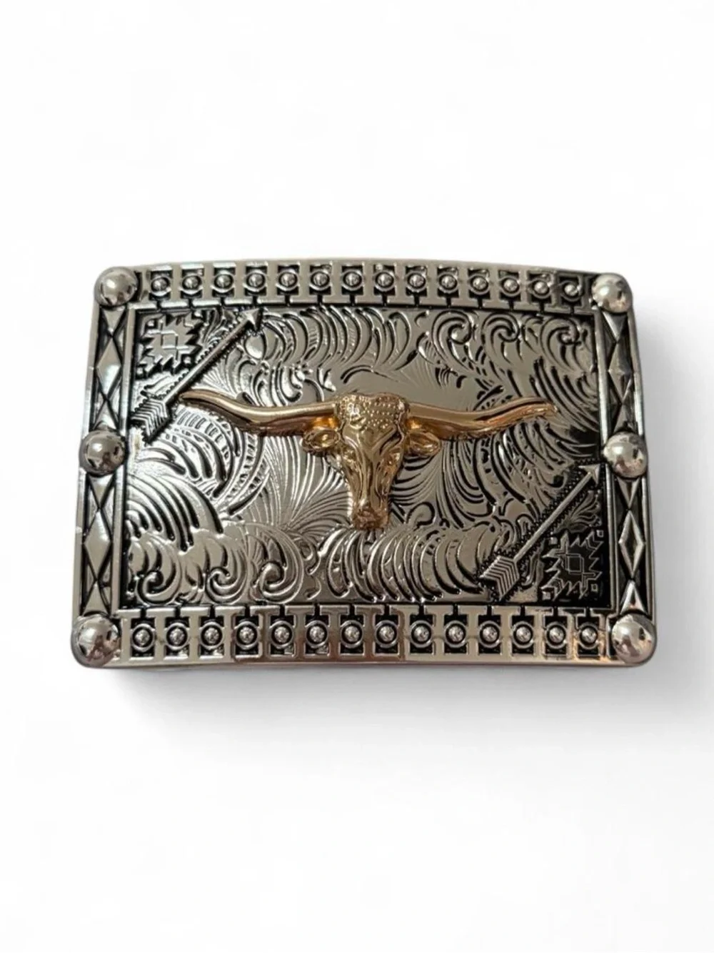 Gold and Silver Longhorn Western Belt Buckle